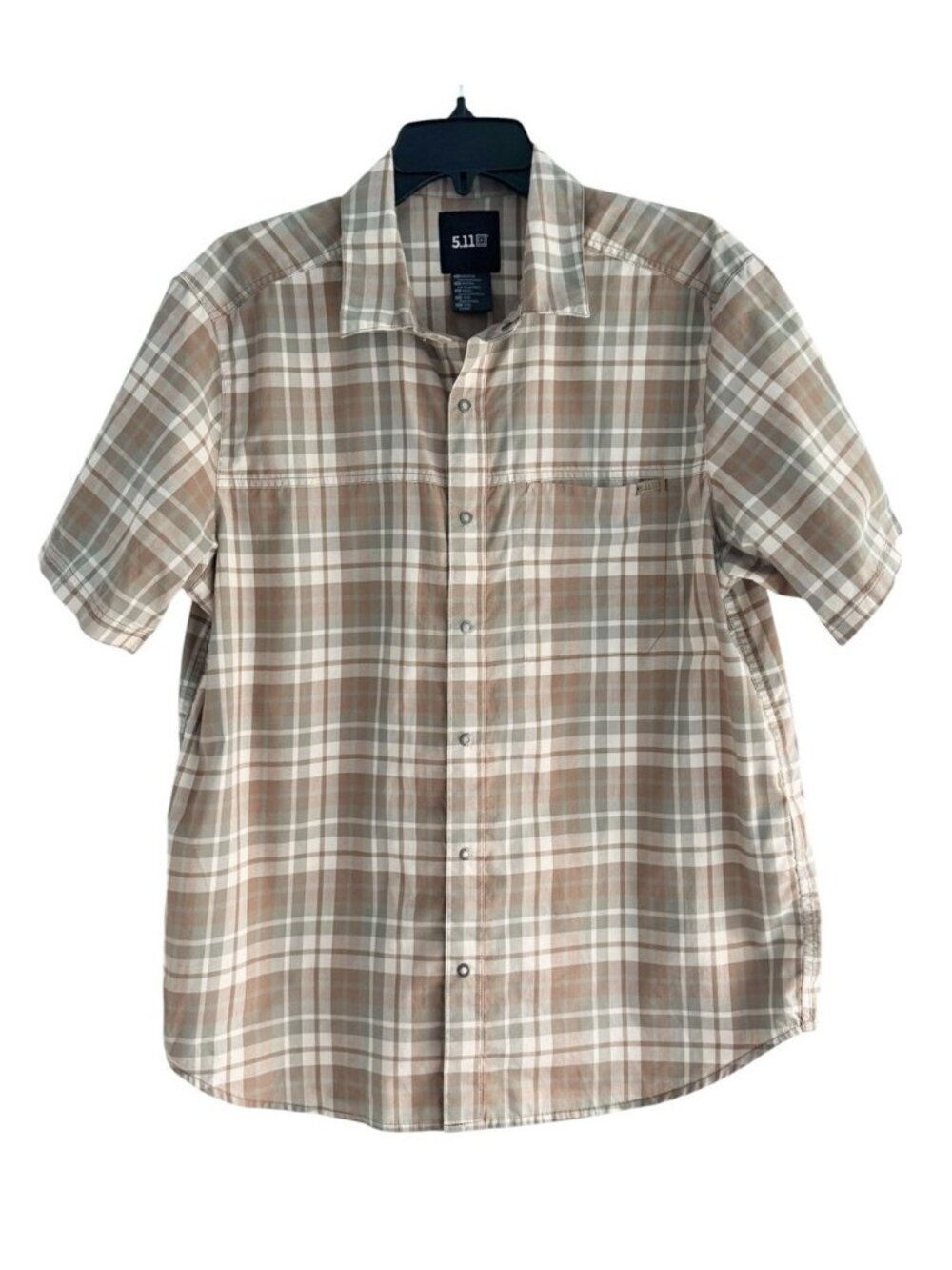 5.11 Tactical Men's Sz M Tan GrayPlaid Short Sleeve Snap Button Front Shirt